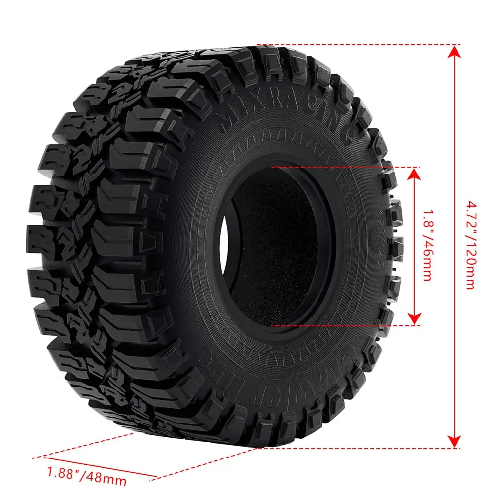 GLOBACT Pneus 1,9 pouces Pneus RC Pneus sur chenilles RC Pneus en caoutchouc 120 * 48 mm pour voiture sur chenilles 1/10 TRX4 TRX6 Axial SCX10 RC (4 pièces)