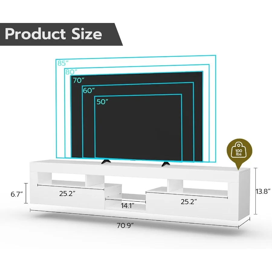 حامل تلفزيون LED عائم لتلفزيون 85 Ih مع أرفف زجاجية وخزانة 71 Ih وحدة تحكم وسائط مركز الترفيه الحديثة مع أرفف زجاجية #2