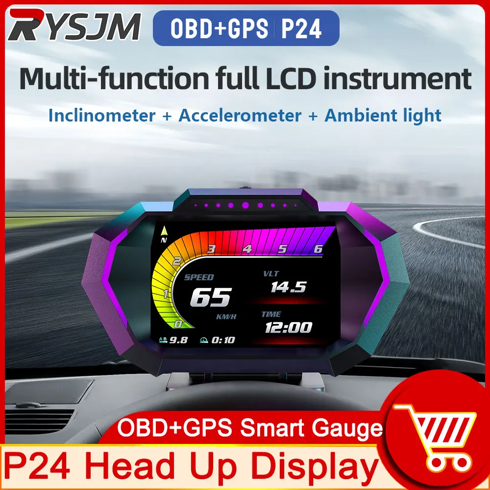 AD P24 HUD Accelerated Test Speedometer Tachometer RPM Gauge Voltmeter 10 Alarm Functions Car Head Up Display OBD GPS System