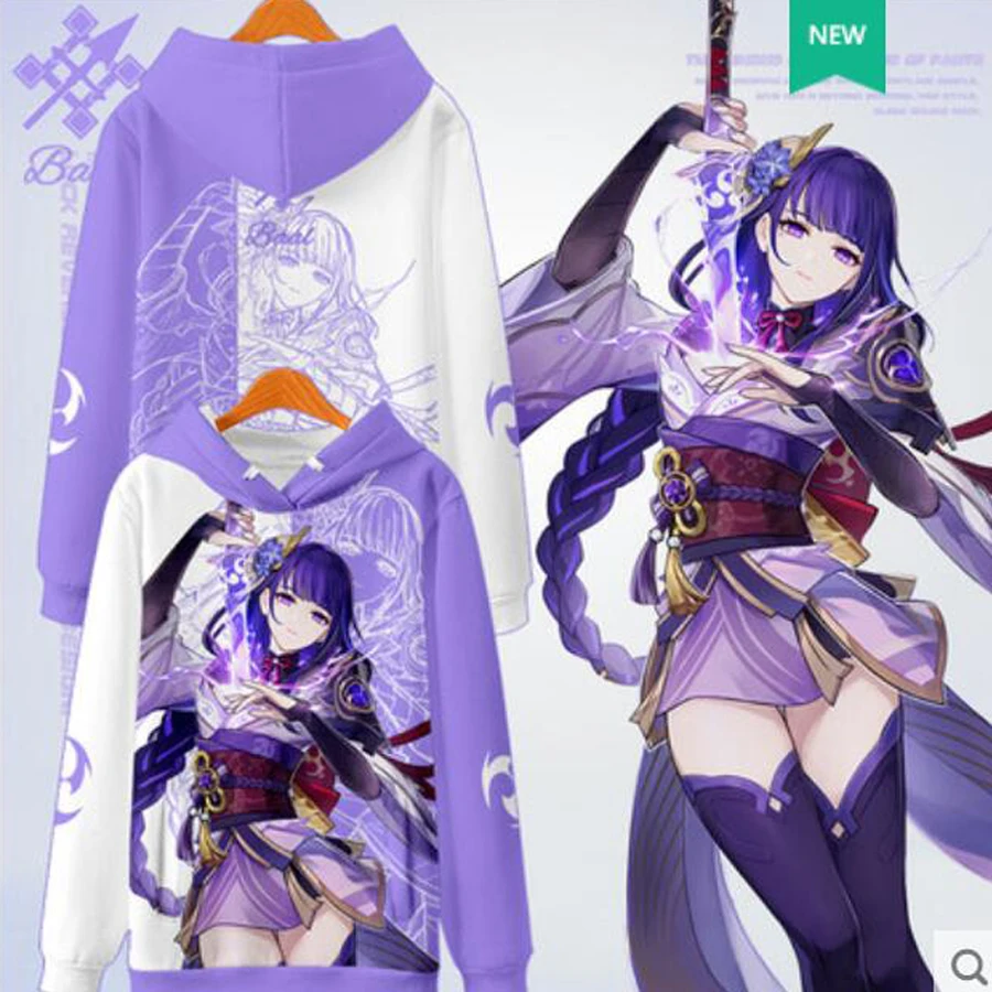 Sudadera con capucha de Anime Genshin Impact para hombre y mujer, chaqueta con cremallera y estampado 3D, Sudadera con capucha Raiden Shogun Baal, chándal Masculino