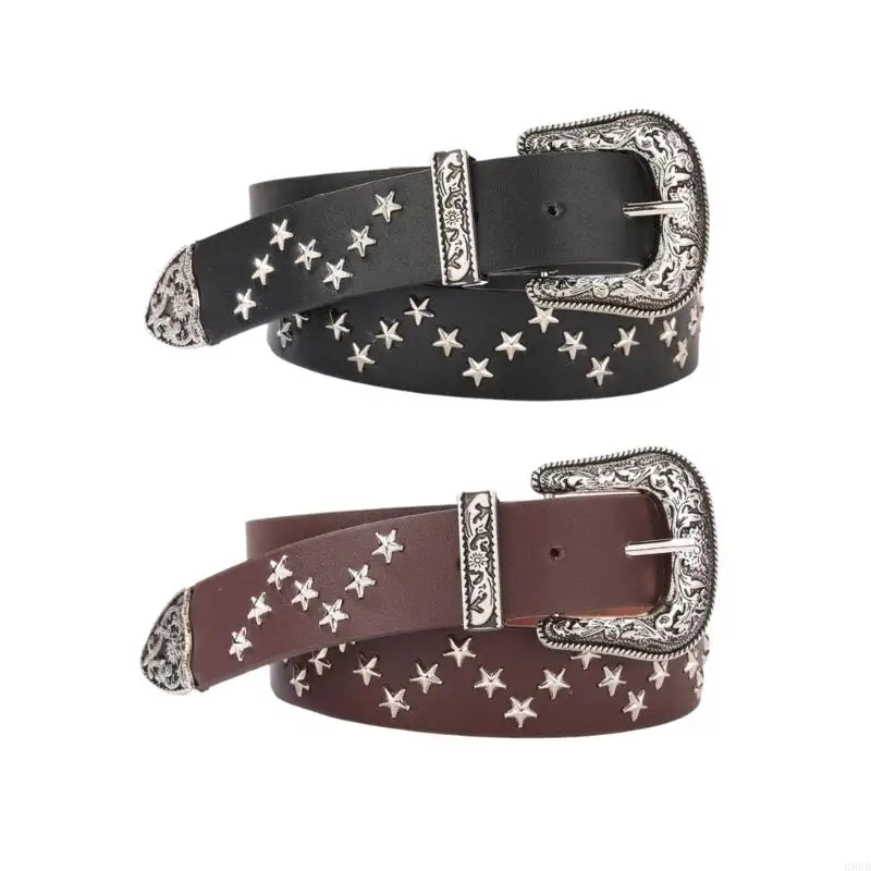 

652F PU Waist Belt with Star Rivet Relief Buckle Adjustable Length Waist Belt Woman Girls Jeans Skirt Coat Decors Waistband