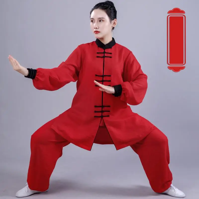 Women Cotton Linen Yaga Tai Chi Suit Solid Kung Fu Wushu Martial Arts Uniform Performance Jacket Pants Morning Exercise Costumes