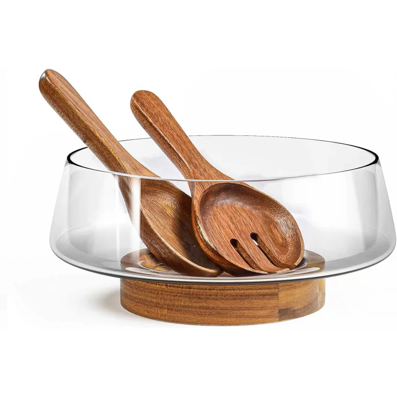 

Extra Large Glass Salad Bowl Set with Acacia Wood Base & Serving Utensils Elegant Practical Kitchen Bowl