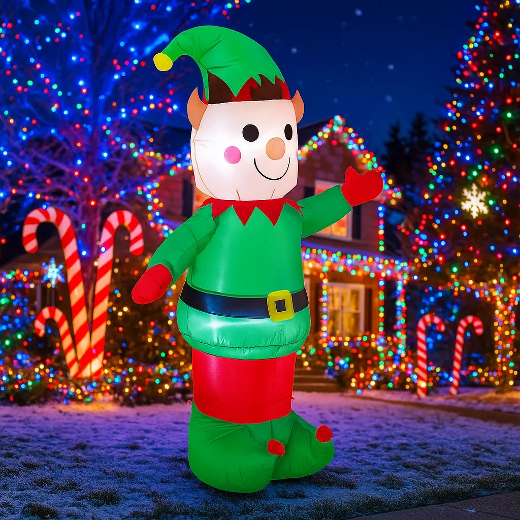 Decoración inflable de elfo de Navidad de 1,5 M/4,9 pies, luces LED, decoraciones para el hogar, juguetes, adornos navideños para patio, suministros de decoración navideña
