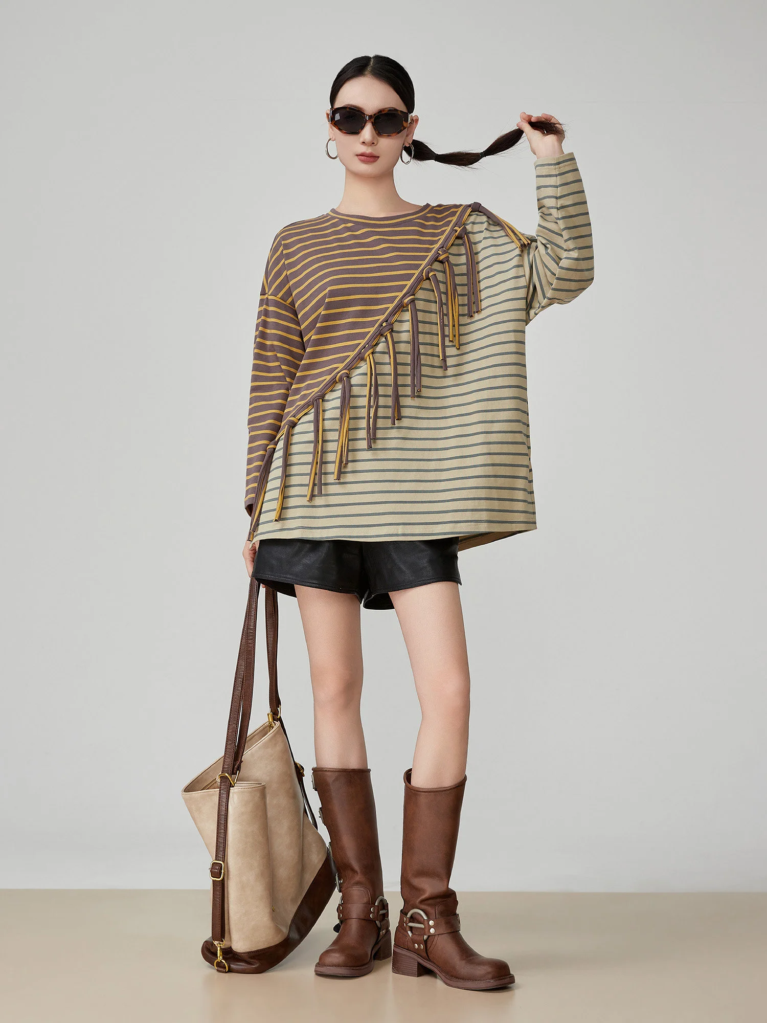 

Casual Sle Long Sve T-irt Women's Loose Fit Striped Patchwork Design Spring Commute Polyester Fiber round Ne Top