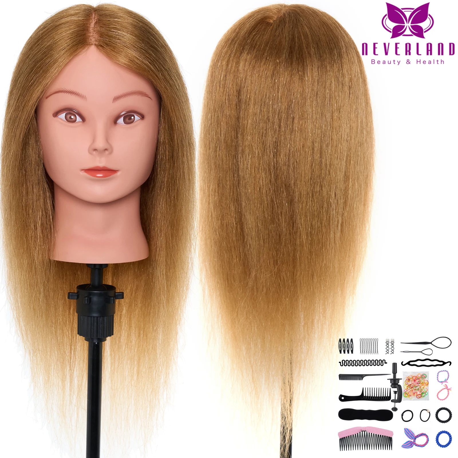 NEVERLAND Real Hair Training Head Styling Doll 20 Inch Professional Styling Hairdressing Mannequin with Hair Training Head Kit