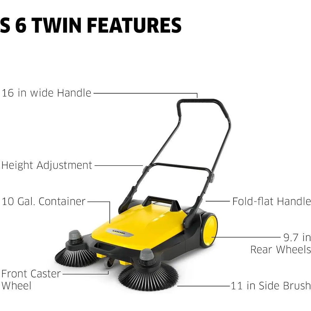 S 6 Twin Hand Push Outdoor Sweeper 33.9 Inch Cleaning Width 10 Gallon Waste Container Lightweight Easy Disposal 32300 Sq Ft/Hr