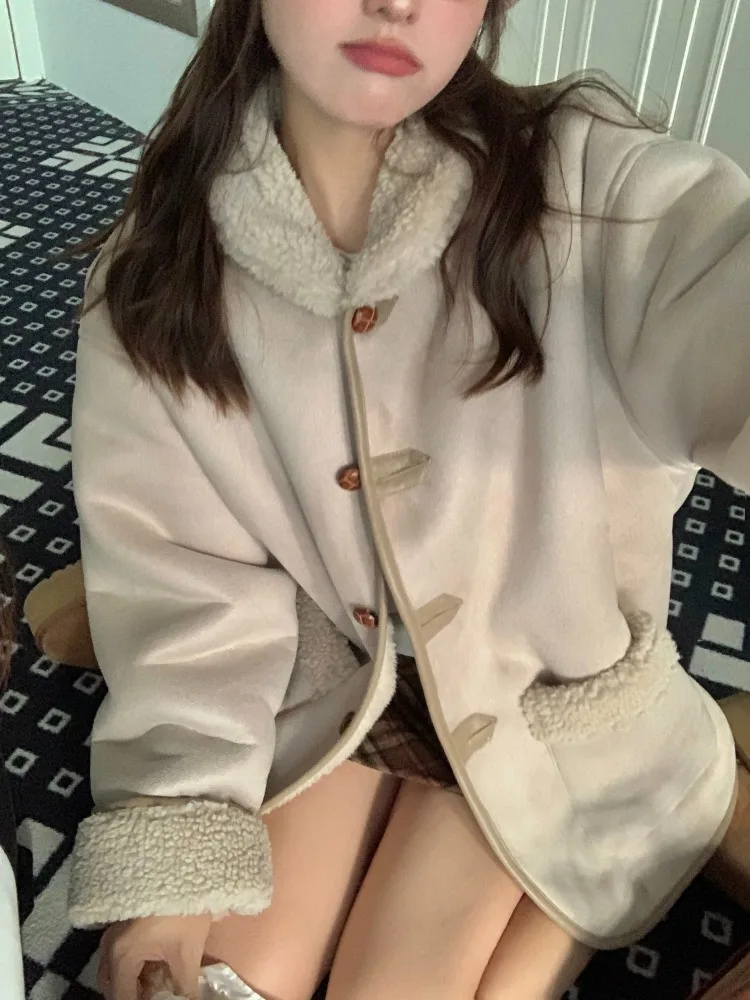 Women's Autumn Winter Short Lambwool Jacket Coat Suede Thicken Overcoat Single Breasted Outerwears 2023