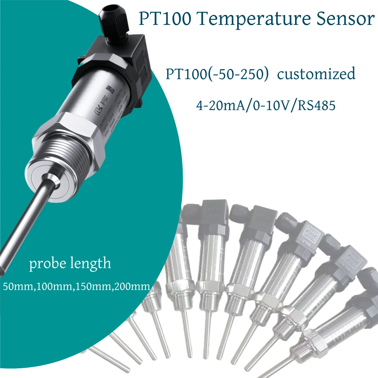 

Temperature Signal Transmitter 304SS Probe 50mm Converter -50-250 Degree 4-20mA 0-10V RS485 PT100 Temperature Transmitter