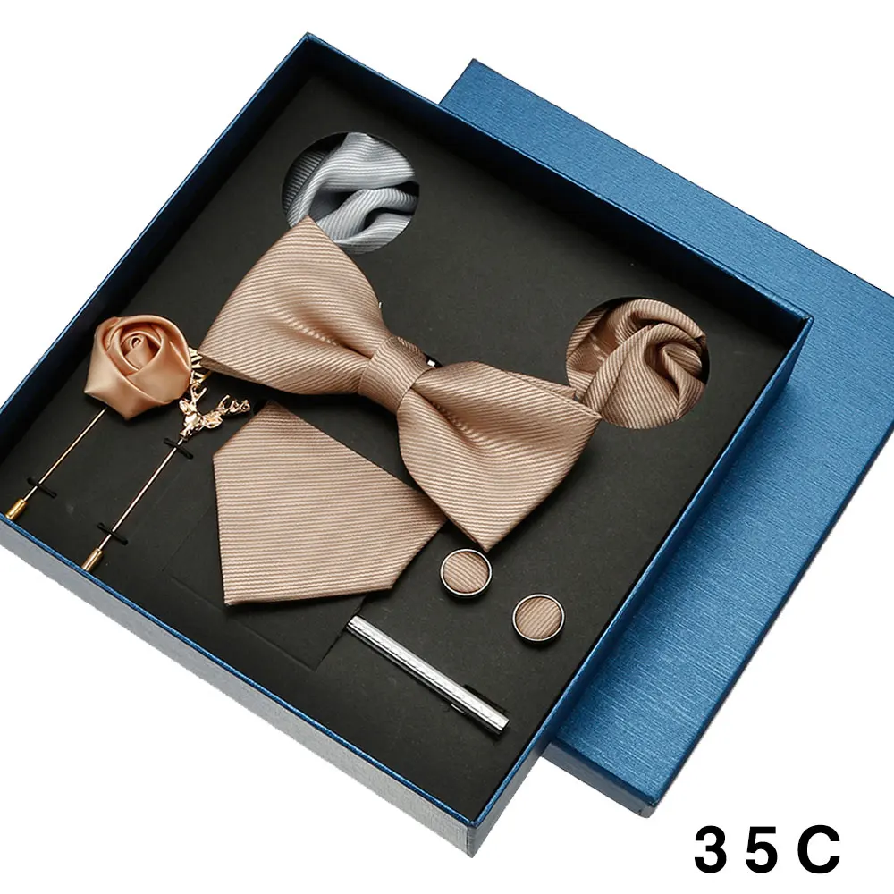 8-teiliges Luxus-Herren-Krawatten-Set in Geschenkbox, Krawatte mit festlicher Hochzeit, Fliege, Einstecktücher, Manschettenknöpfe, Clip-Broschen, Anzug – Detail 8