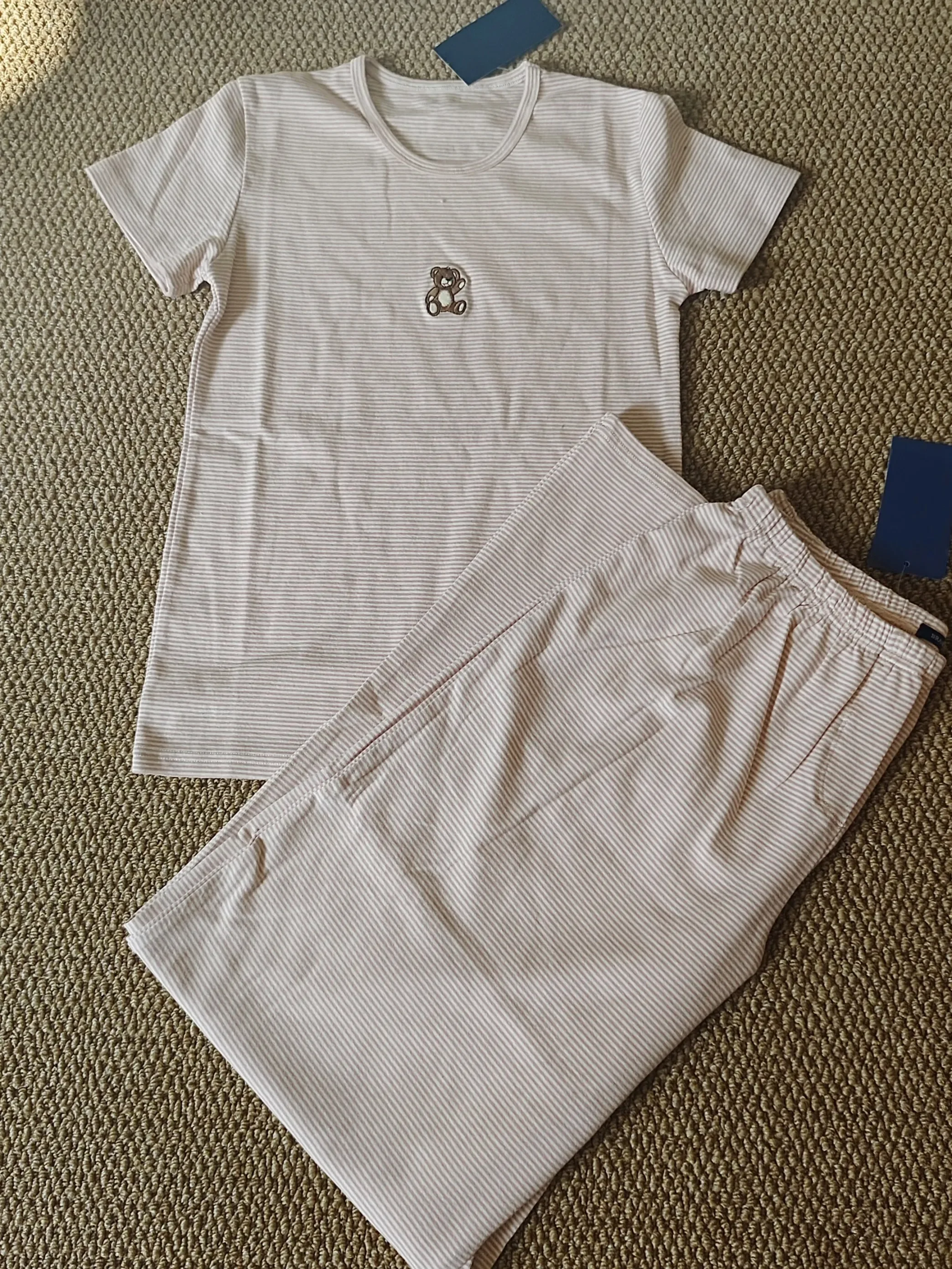 Little Bear Emboidery Striped T-shirt Pant Set Women Short Sleeve Slim Tee+Straight Sweatpant Cotton Home Pajama 2 Piece Sets