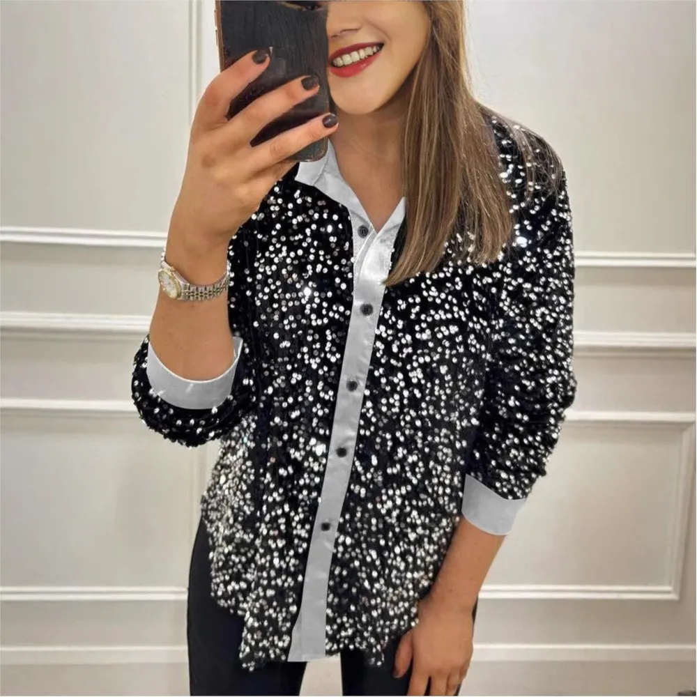 

Spring Autumn Casual Glitter Sequin Blouse Elegant Women'S Office Lapel Long Sleeve Top Fashion Single Breasted Club Party Shirt