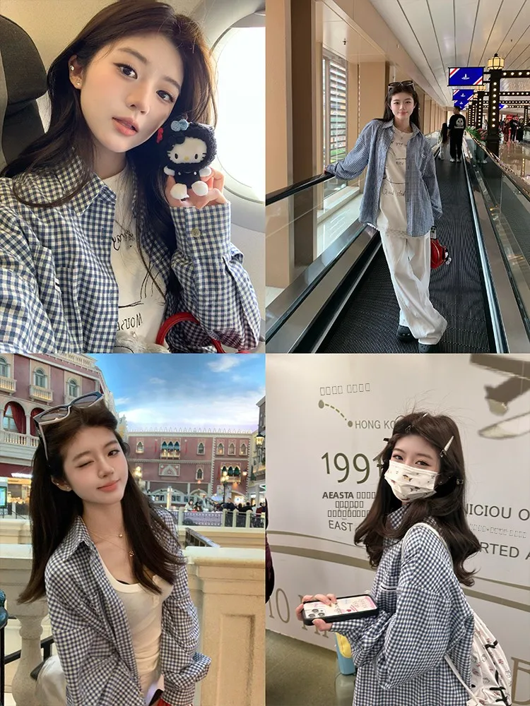 

Loose Women's Plaid irt Coat Sun Protection Long Sve Spring New Sle Korean Sle YUYU Fi Son Cotton Polyester Blend