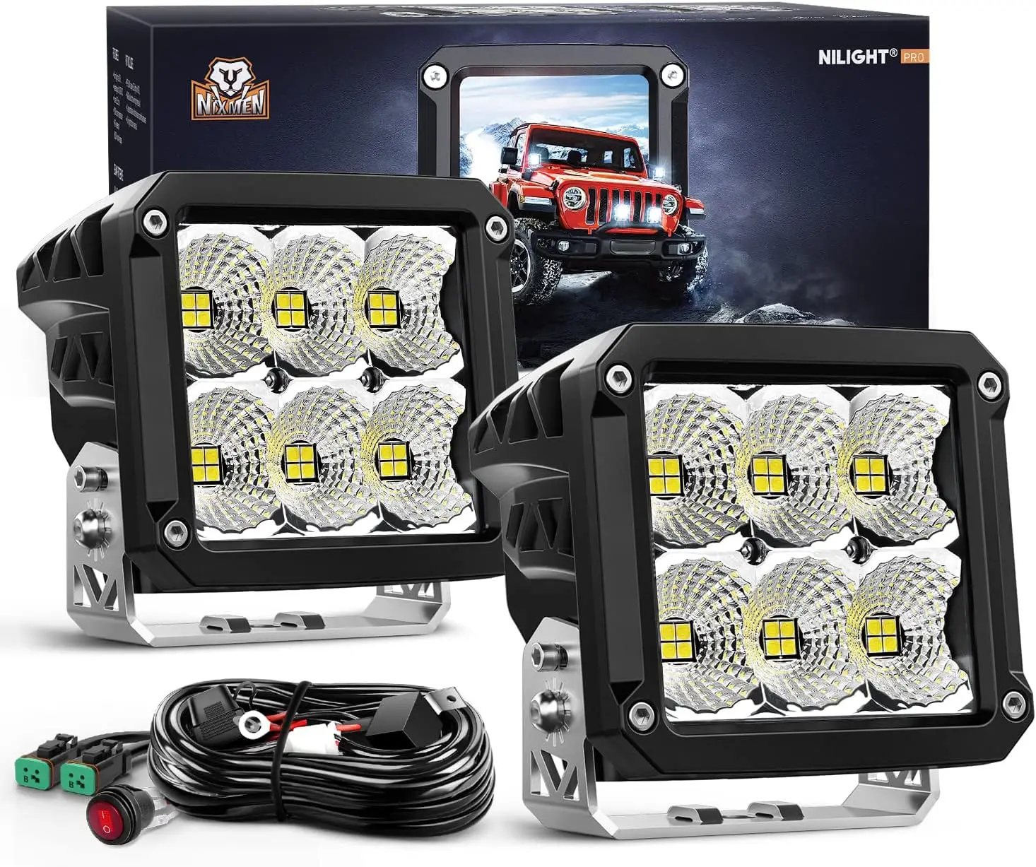 Nilight 2 PCS LED Pod Lights 120W 4 Inch Square 13500LM 120° Super Flood 14AWG DT Connector Wiring Harness Kit Offroad Driving Work Light for Truck UTV ATV SUV 4x4