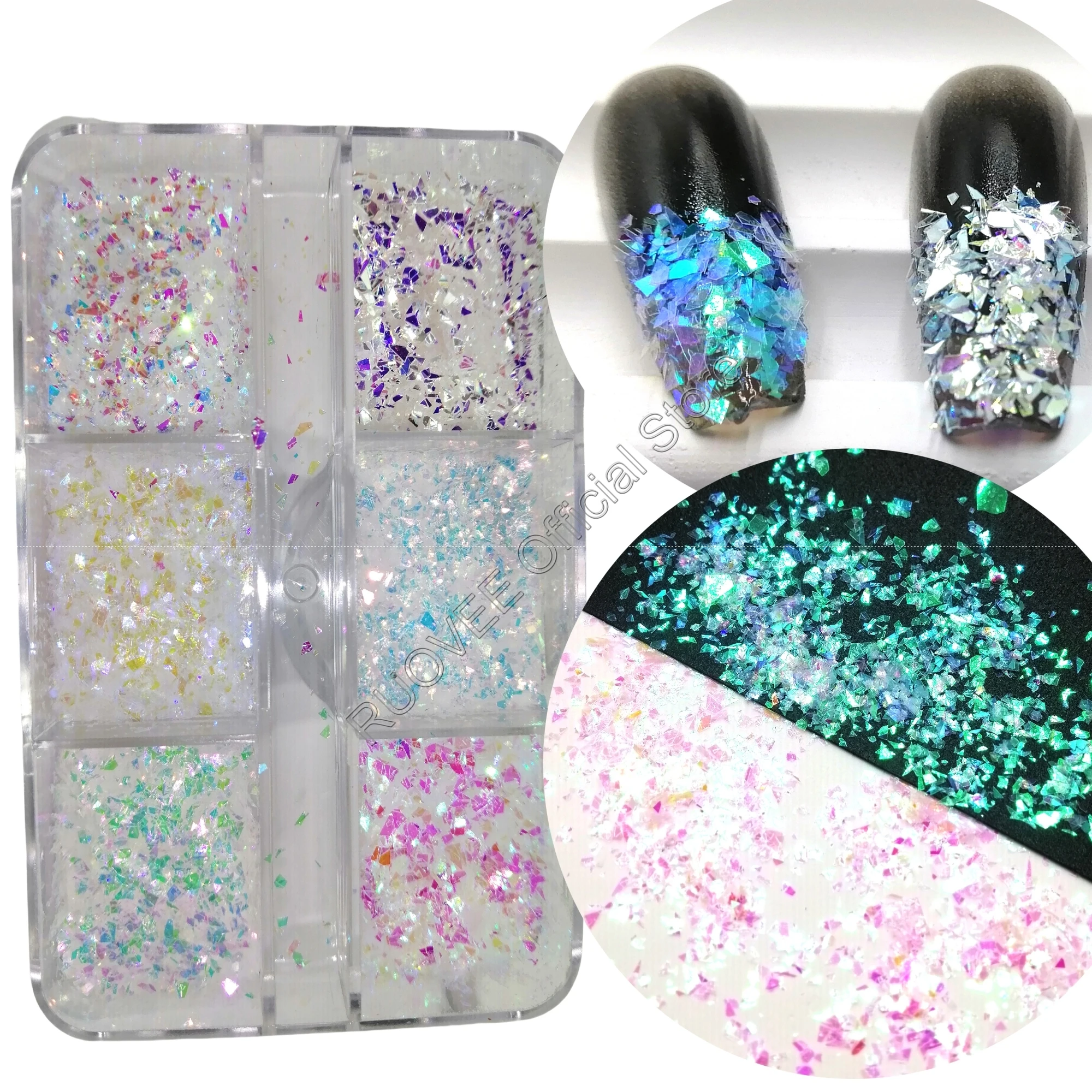 6Grids Iridescent White Irregular Chunky Glitter Sparkling Luster Shape Nail Art for Craft Deco Makeup Facepaint DIY Decor