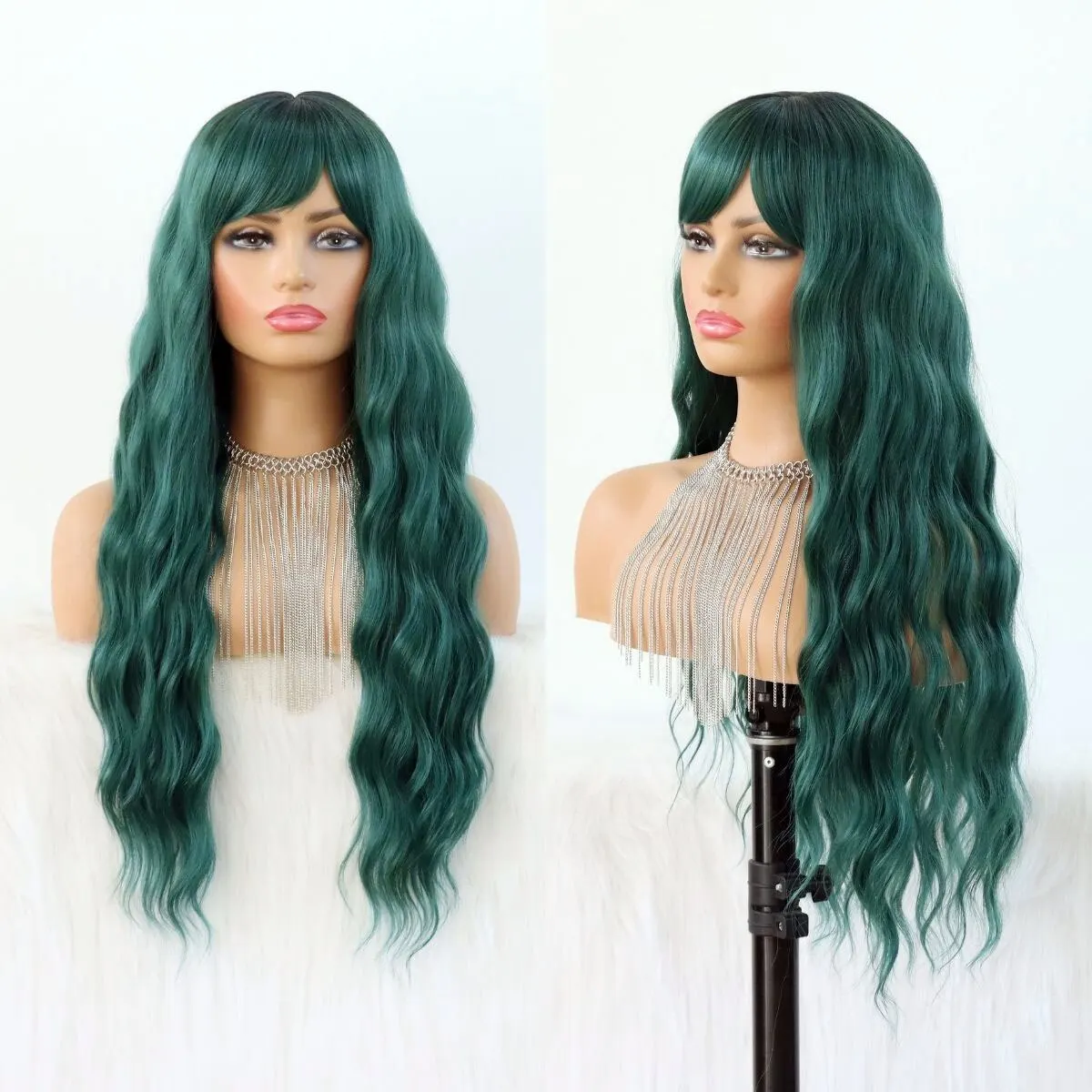 Long Wavy Green Wig With Bangs Heat Resistant Synthetic Fiber Ombre Dark Green Wig Dark Roots Loose Curly Wave Wig