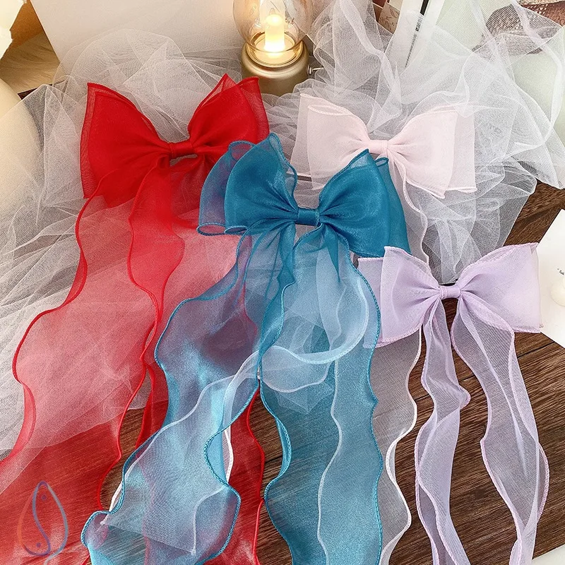 2/8pcs Long Organza Bow Hairpins Hair Accessories Sweet Net Yarn Oversized Hair Clip Summer For Children Girls Headdress