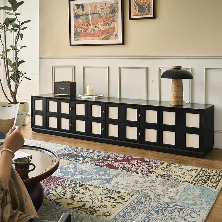 French solid wood black TV cabinet, household small apartment Nanyang style locker, living room retro floor audio-visual cabinet