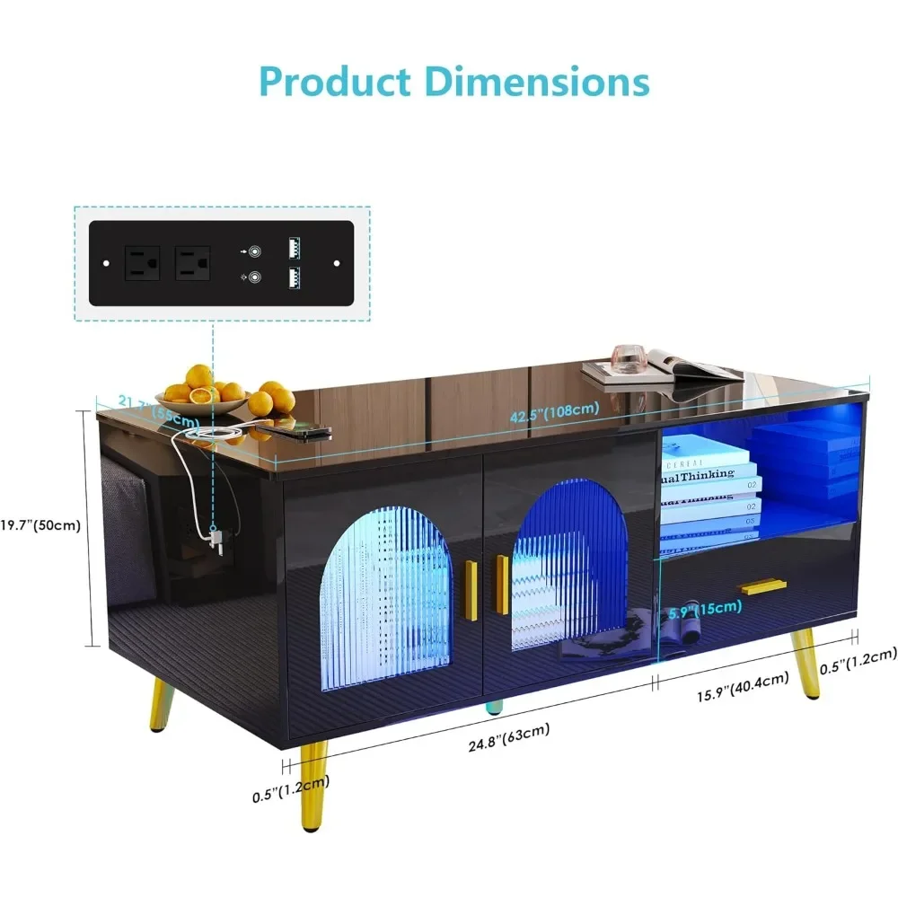 Table basse avec lumières LED, table centrale moderne avec station de charge, meubles d'appoint à haute brillance, tables de café