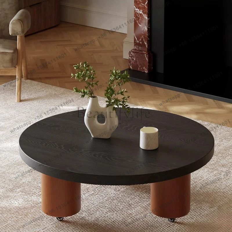Second-hand coffee table movable round solid wood living room home American retro French high-end sense