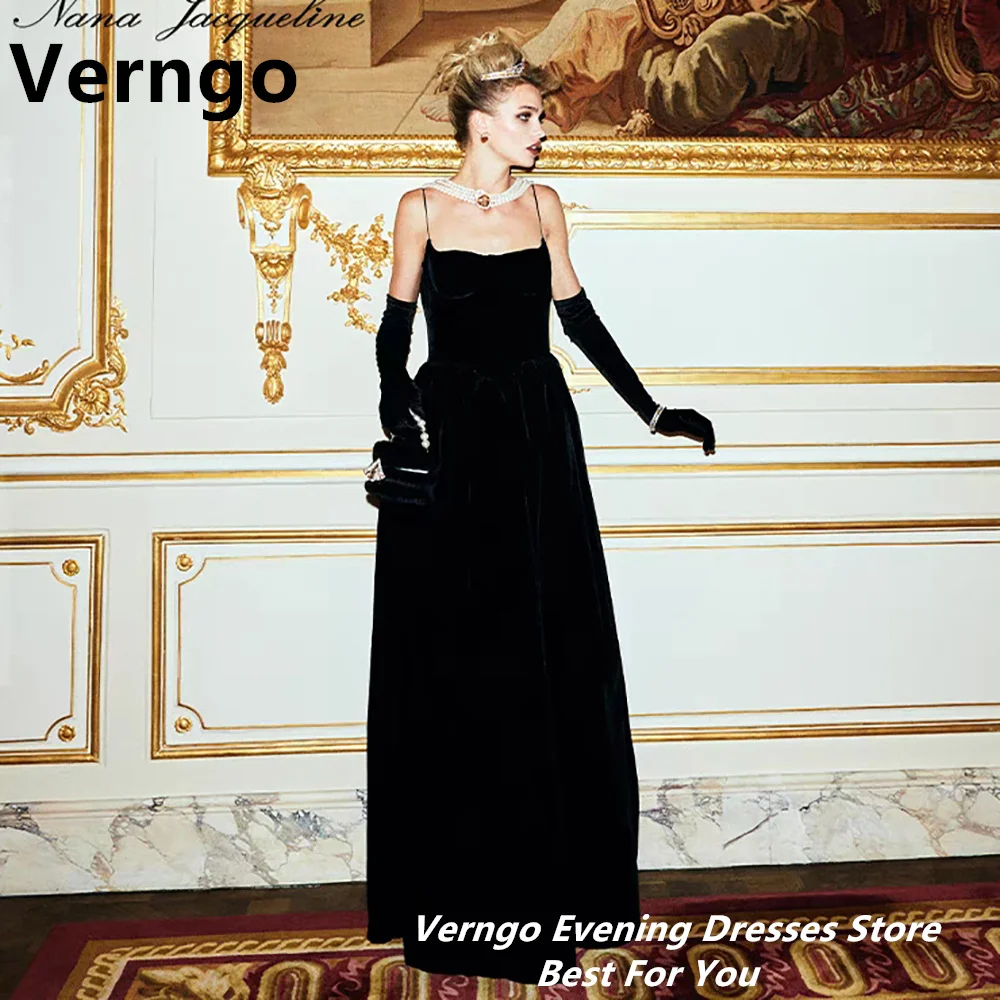 

Verngo Black Velvet Evening Dresses Spaghetti Straps Elegant Prom Gowns Bow Backless Party Dress Sleeveless Women Formal Dress