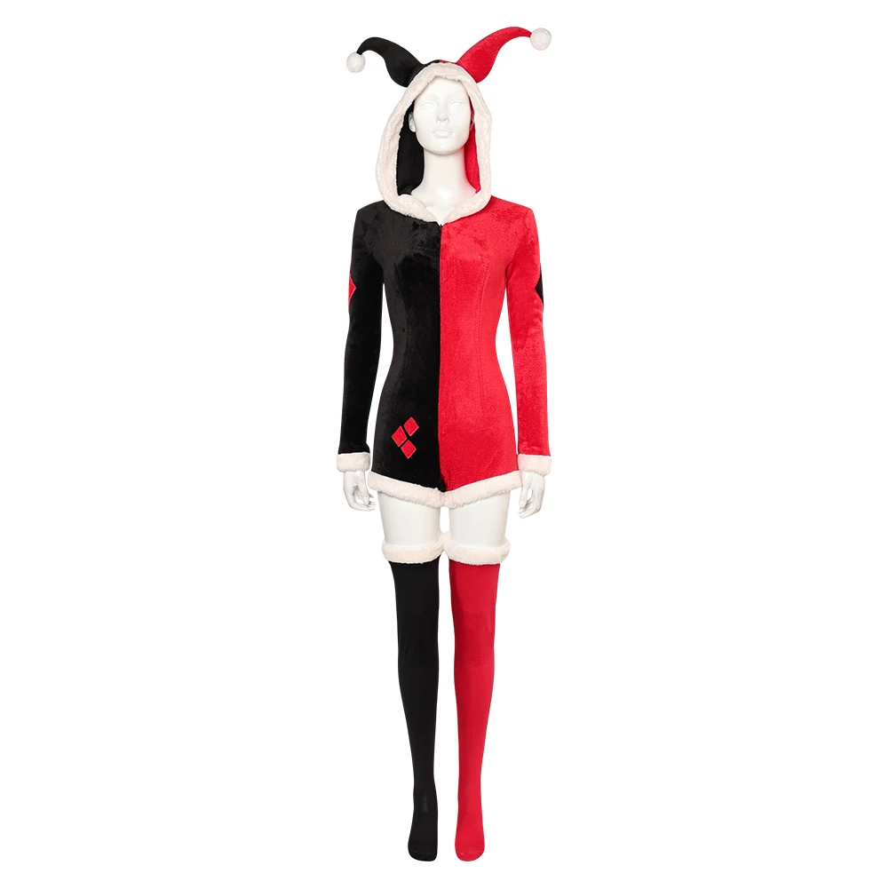 Female Quinzel Cosplay Hoodie Jumpsuit Pajamas Fantasy Costume Woman Christmas Outfits Halloween Party Fantasia Roleplay Suit