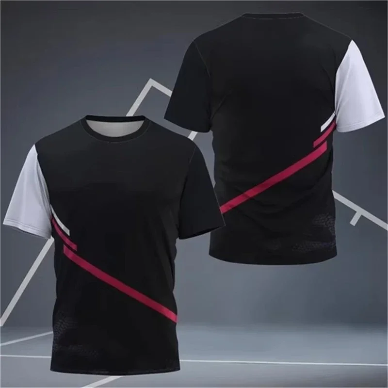 Trendy Men's Abstract Line Print Sport T-shirt Red Black Splice Short Sleeve Workout Tee Summer Casual Breathable T Shirts Tops