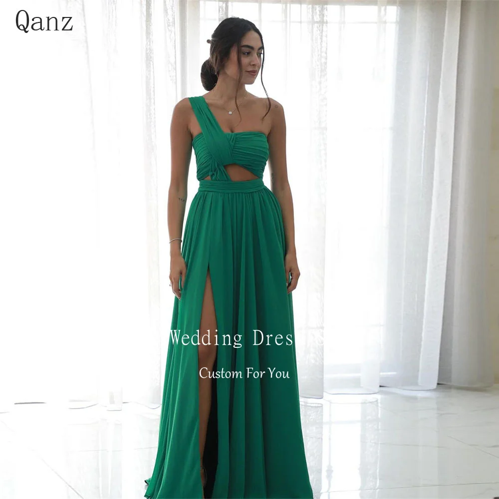 

Qanz Sexy One Shoulder Evening Dresses High Slit Green Chiffon Party Dresses Long A Line Formal Occasion Dresses for Women 2024