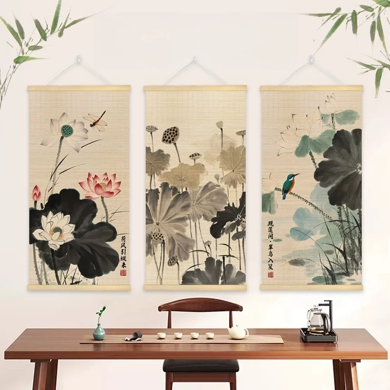Home Decor Lotus Flower Bamboo Scroll Wall Art Wabi Sabi Ink Wash for Entryway Foyer Zen Decor Slow Living room decor aesthetic
