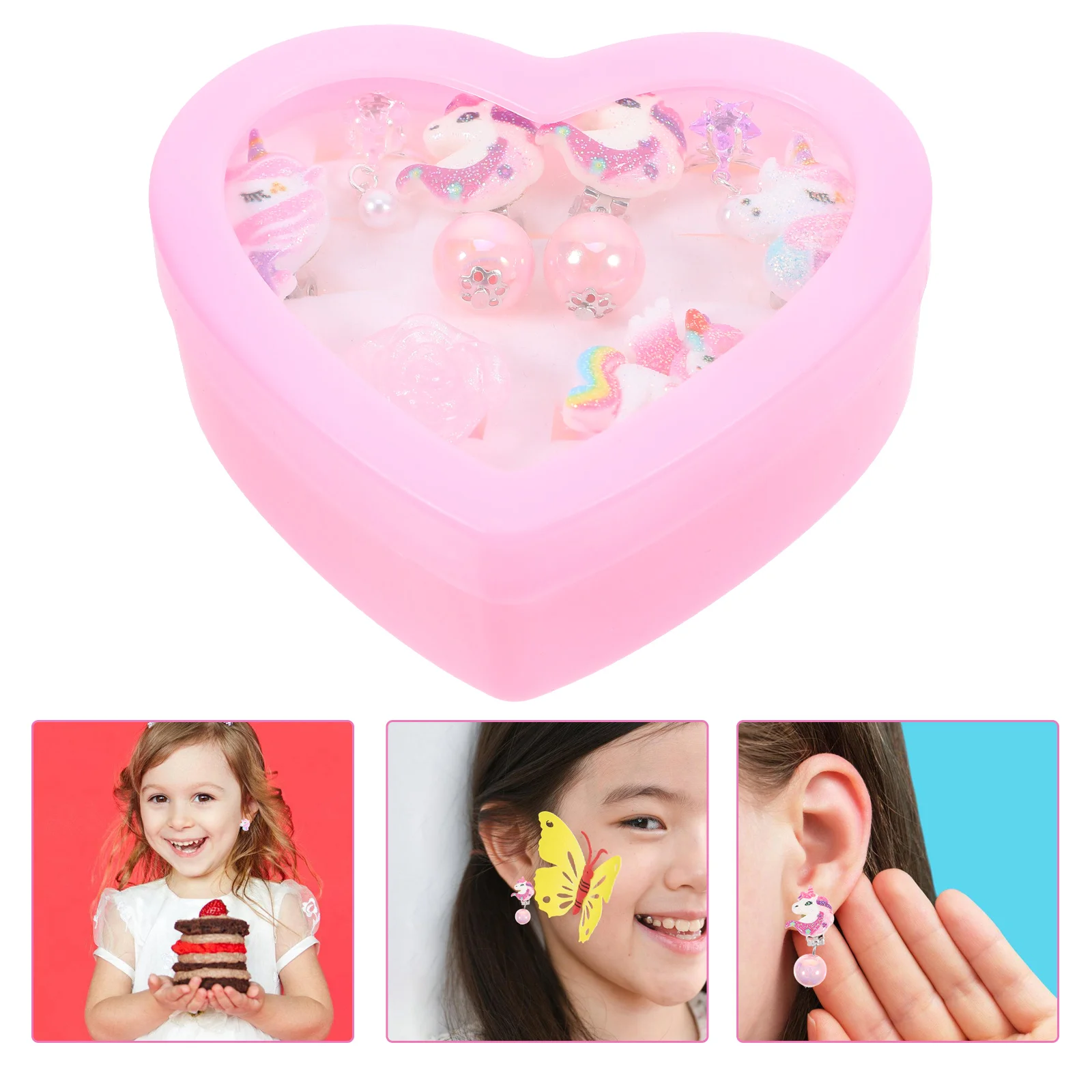 1 صندوق كارتون يونيكورن كليب للفتيات جميل لا مثقوب الأذن مجوهرات الاطفال احتفالي حفلة اللعب مجموعة شكل قلب صندوق خفيف الوزن