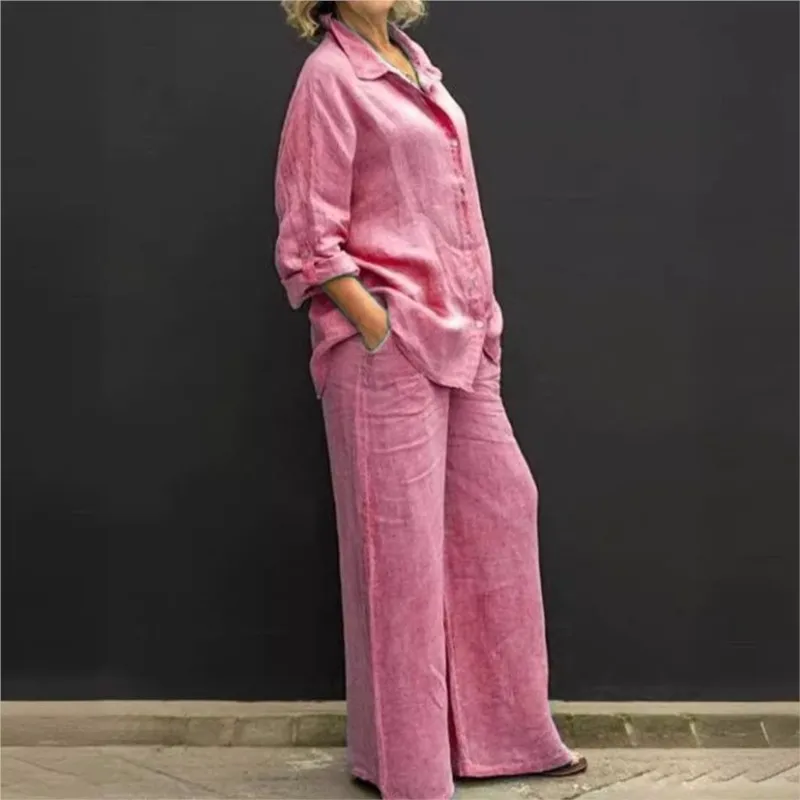 Casual Women's Lapel Button Shirt Wide Leg Pants Two Pieces Set Spring Autumn Fashion Loose Long Sleeved solid color Sets