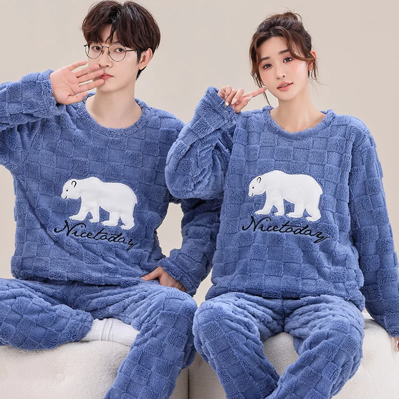 Big Size M-4XL Couple Pajama Set Winter Women and Men Warm Sleepwear Thick Flannel Pyjamas