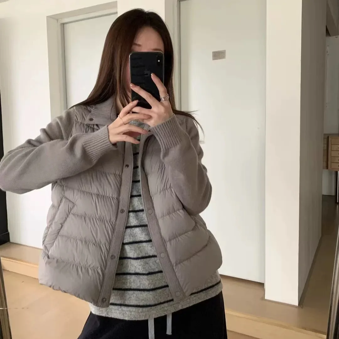 2025 شتاء جديد الكورية محبوك كم أسفل سترة المرأة قصيرة نمط لحم الخنزير الضلع الوقوف طوق 90 الأبيض بطة أسفل معطف قصير #3