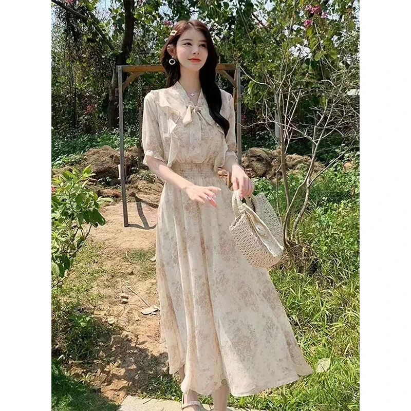 프랑스 여름 플로럴 랩 드레스 여성 우아한 A라인 미디 티 파티 생일 드레스 보헤미안 시크 빈티지 플로럴 프린트 페어리 프린세스