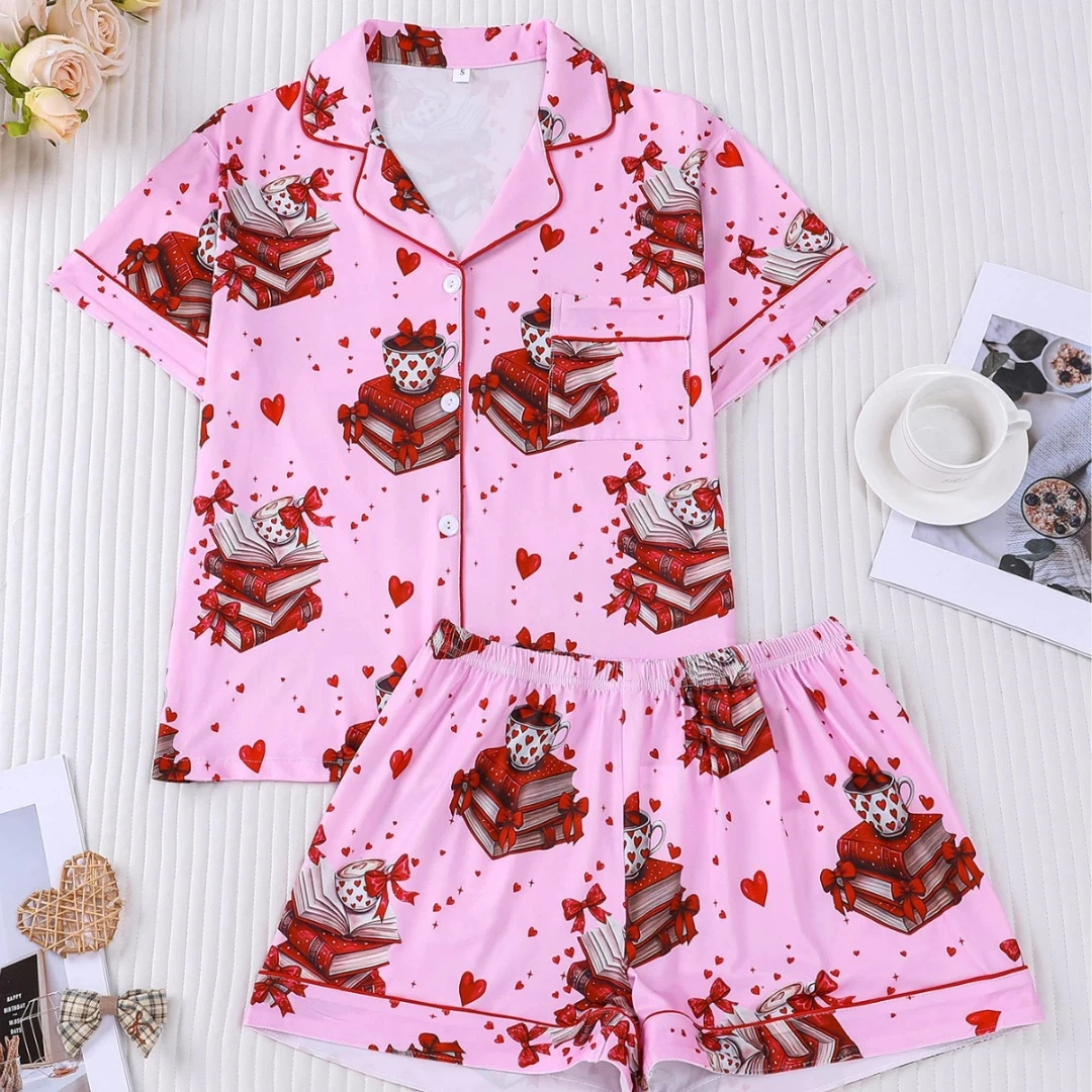 

Розовый женский пижамный комплект с принтом в виде книг: рубашка с отложным воротником и шорты, домашняя одежда, подарок