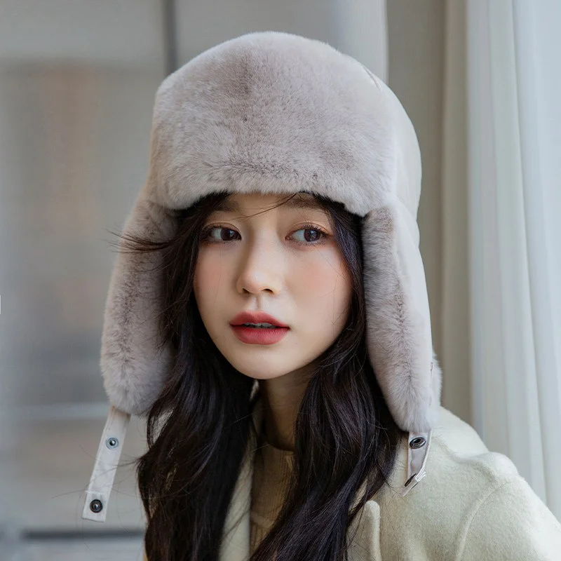 New Women's Ski Hat Winter Thick rabbit hair warm Ear Protection Lei Feng Hat Casual Fashion Trend Fur Hat 2023