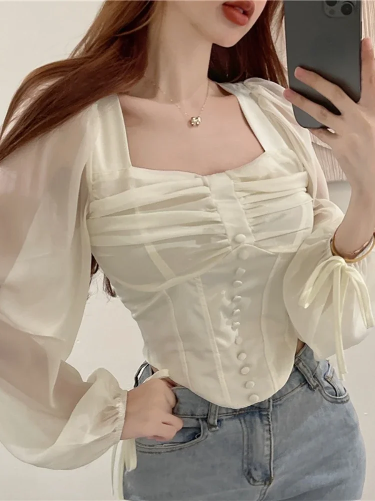 Women Spring Sexy Short Chiffon Blouse Shirt Slim Botton Draped Pullovers Ladies Square Neck Feminine Sweet Tops Summer