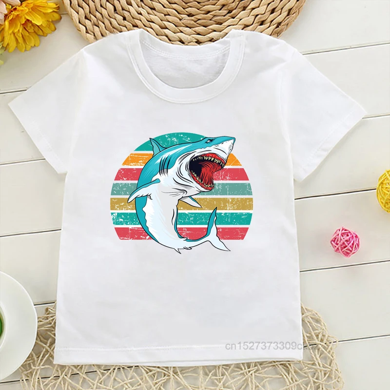 Types Of Shark Identification Cartoon Print Tshirt Boys Kawaii Kids Clothes Cute T-Shirt Children\'S Clothing Summer Tops Tee