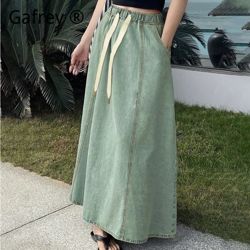 

Women Elastic Waist Drawstring Loose Denim Skirt Spring Summer Casual Half Dress All-match Female Daily Streetwear XXL XL L M S