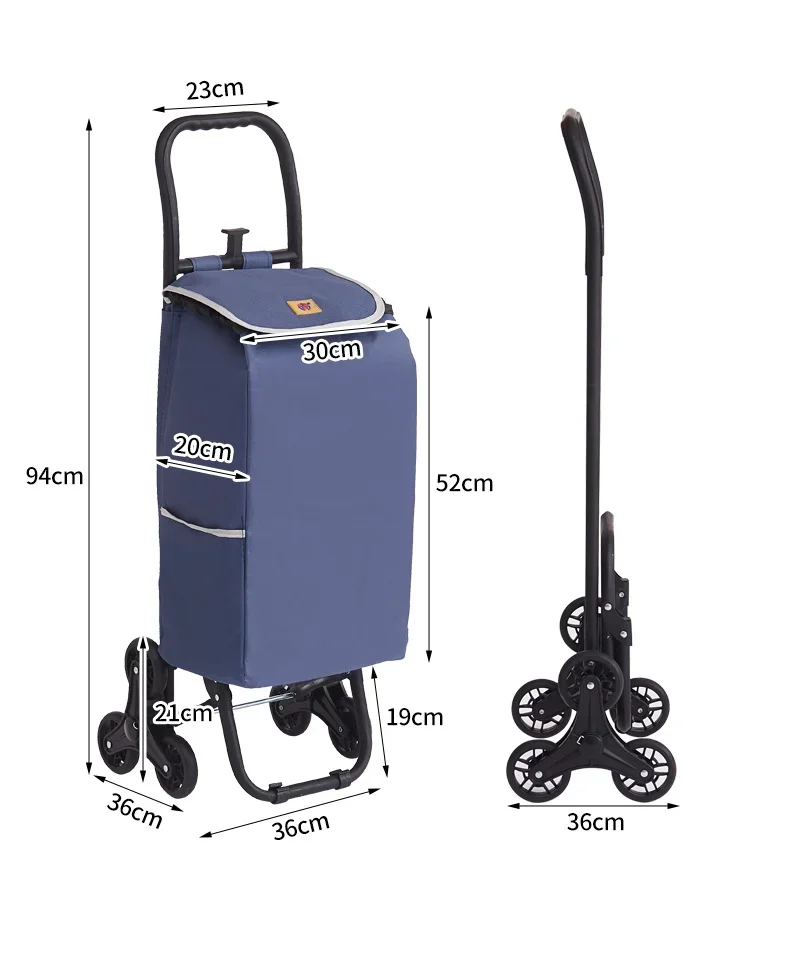 Portable Stair Climbing 3-Wheel Shopping Trolley, Folding Grocery Cart with Insulated Oxford Cloth Bag for Elderly