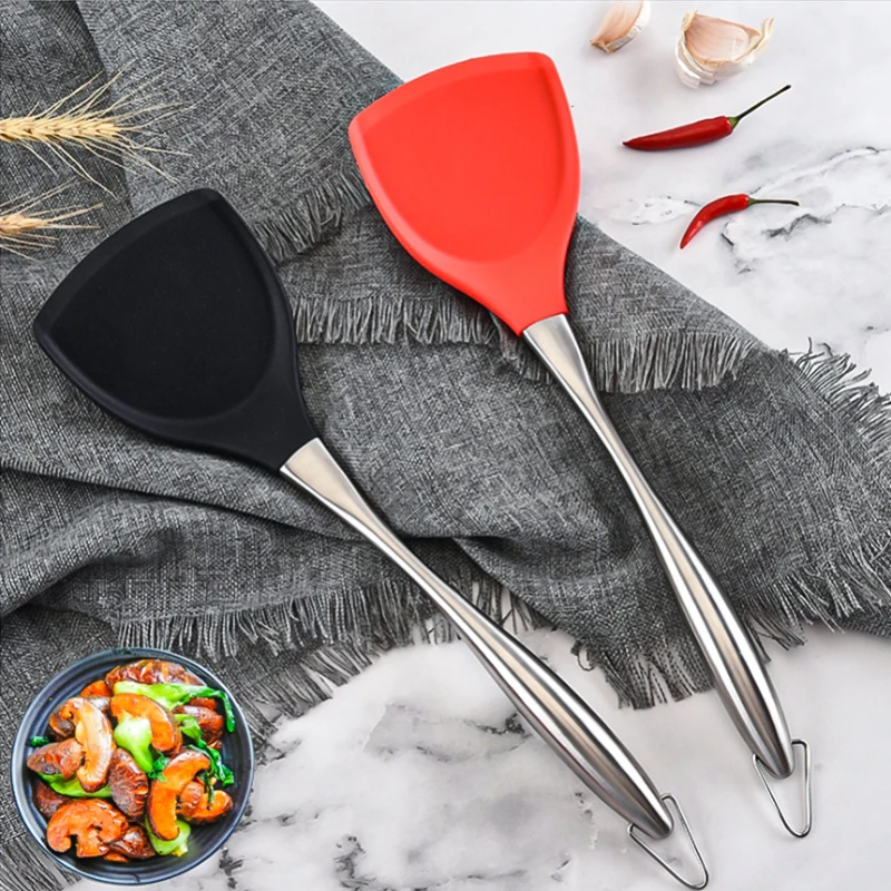 BBQ Silicone Wok Spatula Stainless Steel Cooking Turner Non-Stick Shovel Heat-Resistant Non-toxic Wok Turner Kitchen Accessories