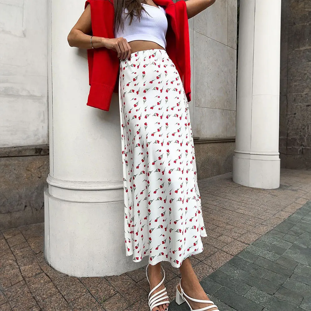 Women Floral Print Long Retro Skirts 2024 Spring Elegant Skirts Women High Waist A- Line Fishtail Cherry Print Skirt for Summer