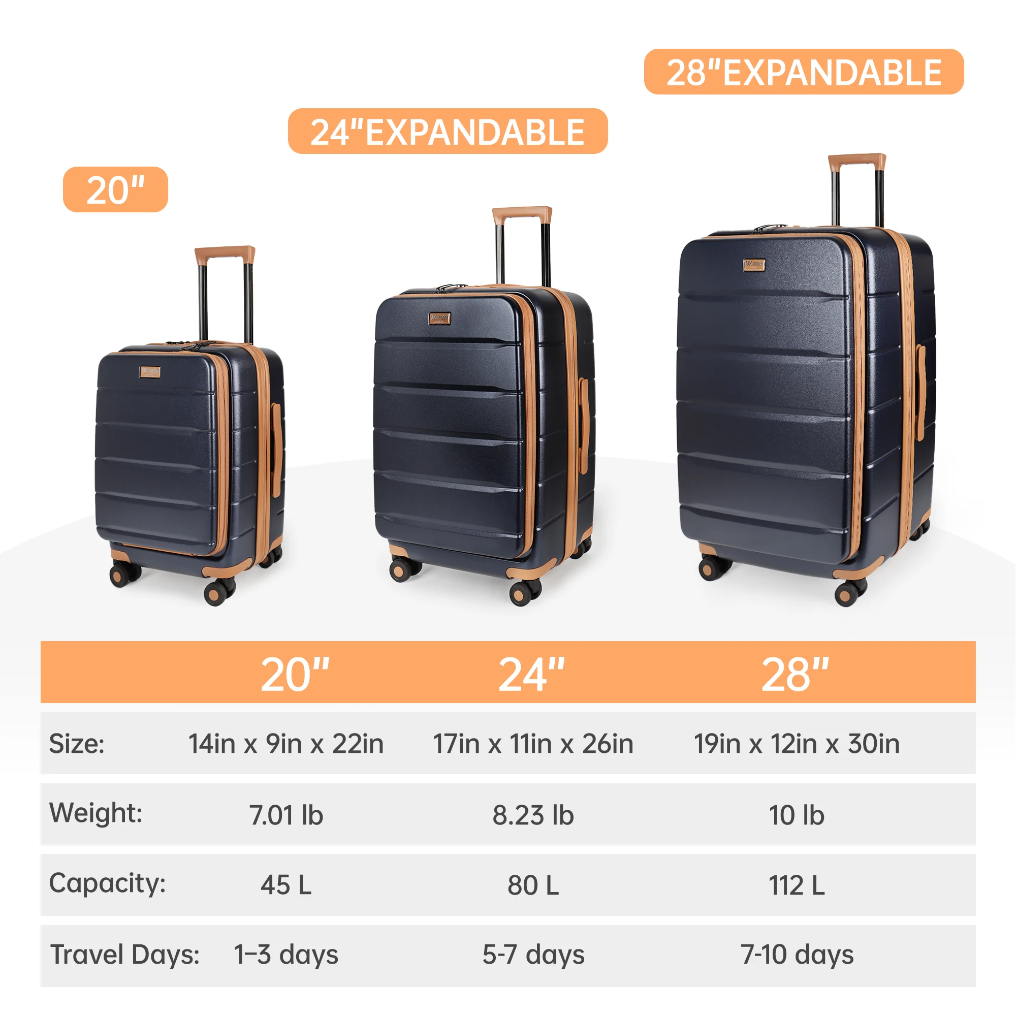 3-Piece Sets Front Opening Luggage sets Expandable Hardshell Suitcase set w/TSA Lock Hardside Carry-On Luggage with Laptop