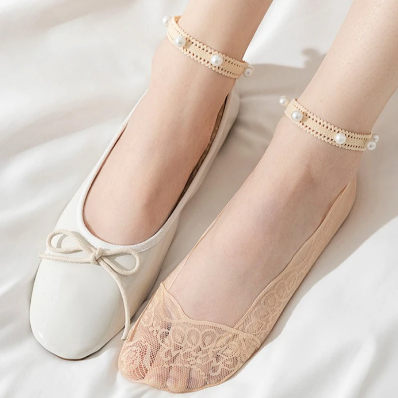 1Pair Women's Delicate Pearl Lace Invisible No-Show Boat Socks Summer Thin Casual Daily Skin Friendly Non Slip Sexy Ankle Socks