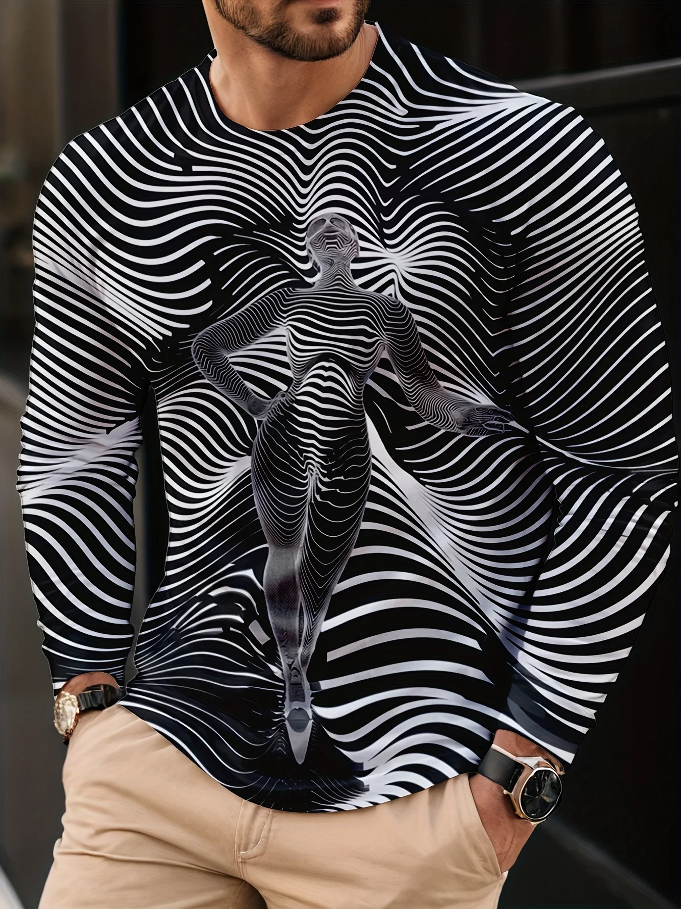 الخطوط العريضة موضوع نمط مطبوعة كم طويل تي شيرت أزياء التجميع جولة الرقبة مريحة للتنفس أعلى يوميا #1