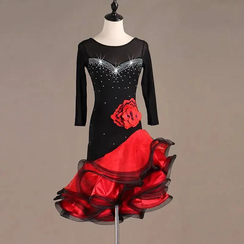 

♥2026 New Halloween Costume Cosplay ballroom latin american dance competition dress woman Rhinestone Ruffles long sleeve Per ★★★