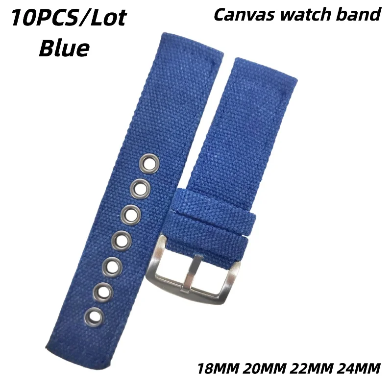 10PCS/Lot Blue Canvas Watch Strap Wholesale 18MM-24MM Watch Bands with Stainless Steel Buckle For Men And Women