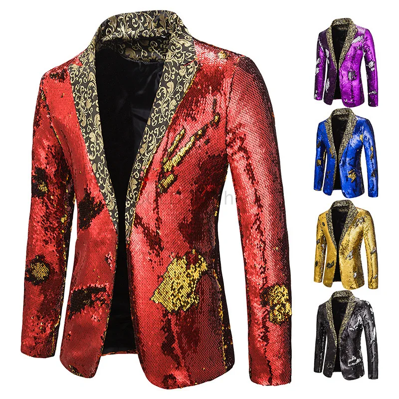 Men Shiny Sequin Blazer Jacket Stylish Tuxedo Suit Jackets for Party Dinner Prom Holiday New Years Coat Festival Costume