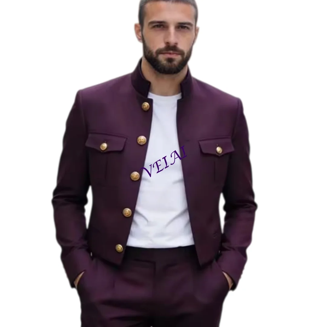 

CustomziedPurple Elegant Men's Suits 2 Piece Jacket Pants Full Sets Formal Single Breasted Stand Lapel Slim Regular Length Blaze