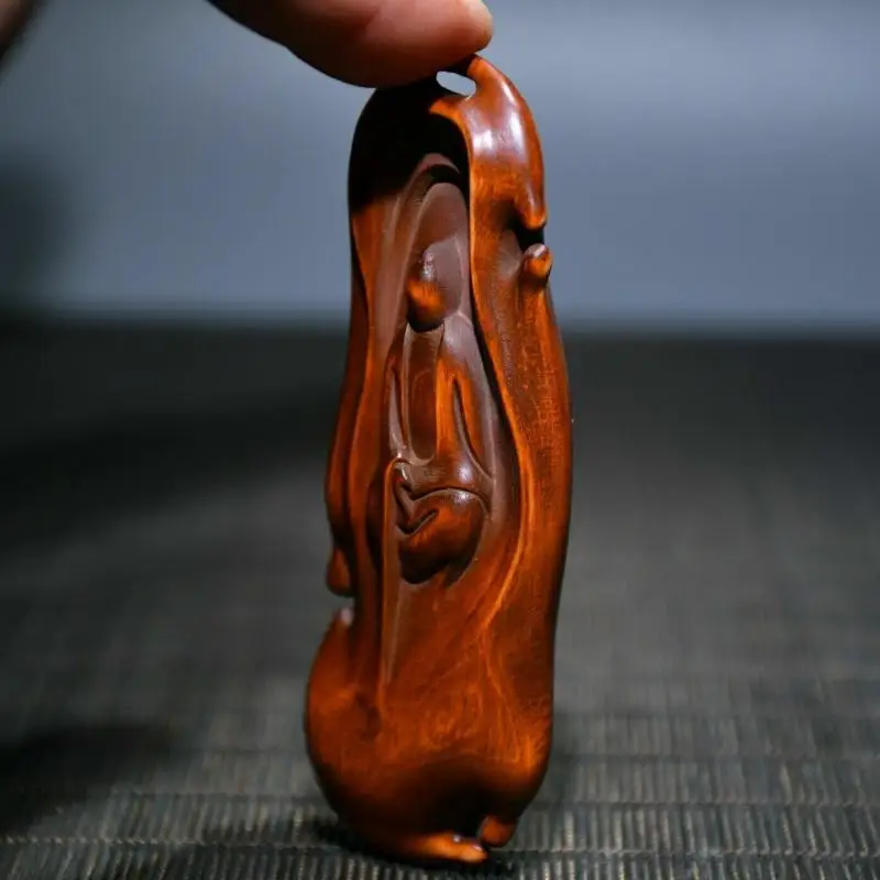 Hand Carved Boxwood Guanyin Pendant Zen Buddhist Amulet Natural Shape Wood Sculpture Collectible Art Decor Gift